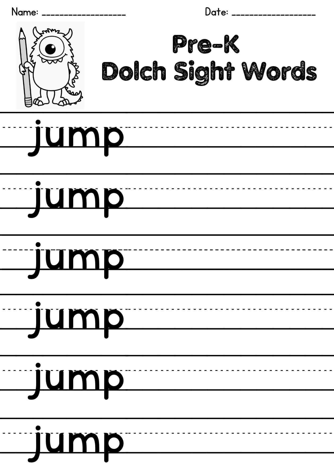 "jump" Dolch Sight Word Writing Worksheets – Free PDF Download for Early Learners